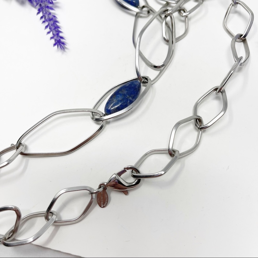 Simona Collini Italy Lapis Lazuli Stainless Steel Chain Link Long Necklace - Picture 3 of 4
